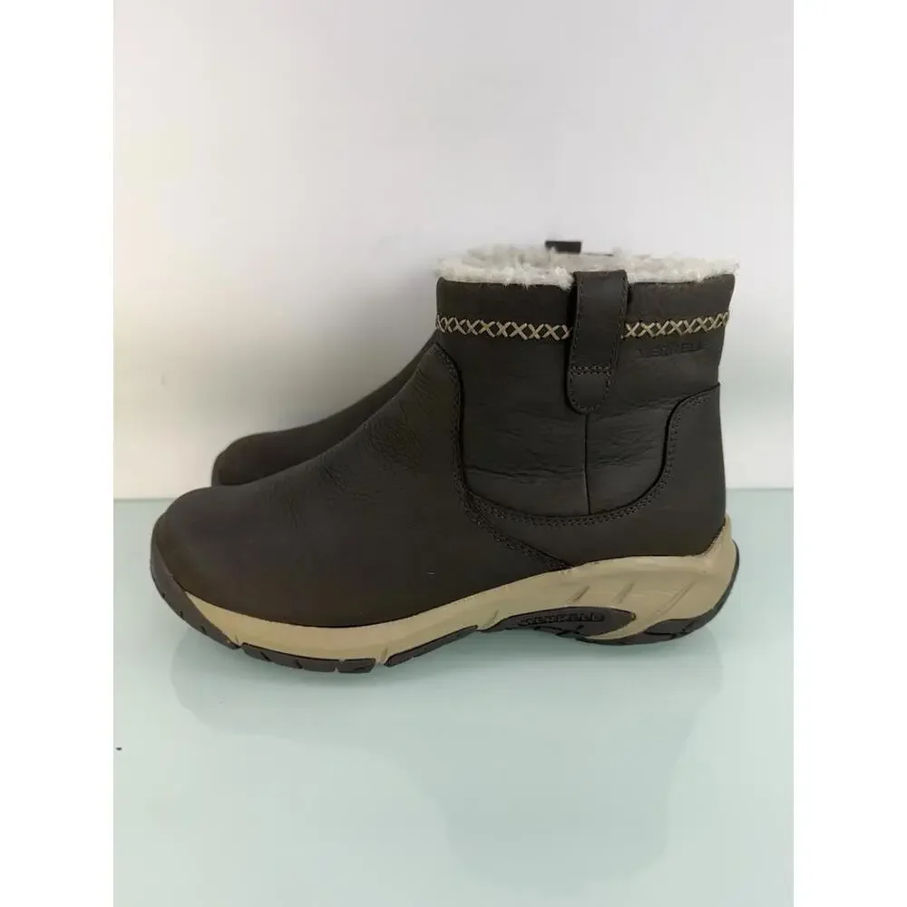 Merrell Encore 4 Bluff Ankle‎ Snow Boots Sz 6 Zip Brown Leather Cozy Faux Fur